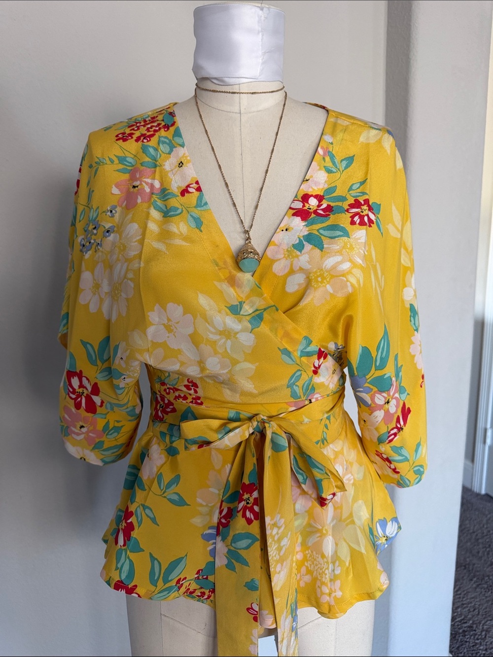 Yumi Kim Yellow Floral Wrap Top with Tie Waist 100% silk
